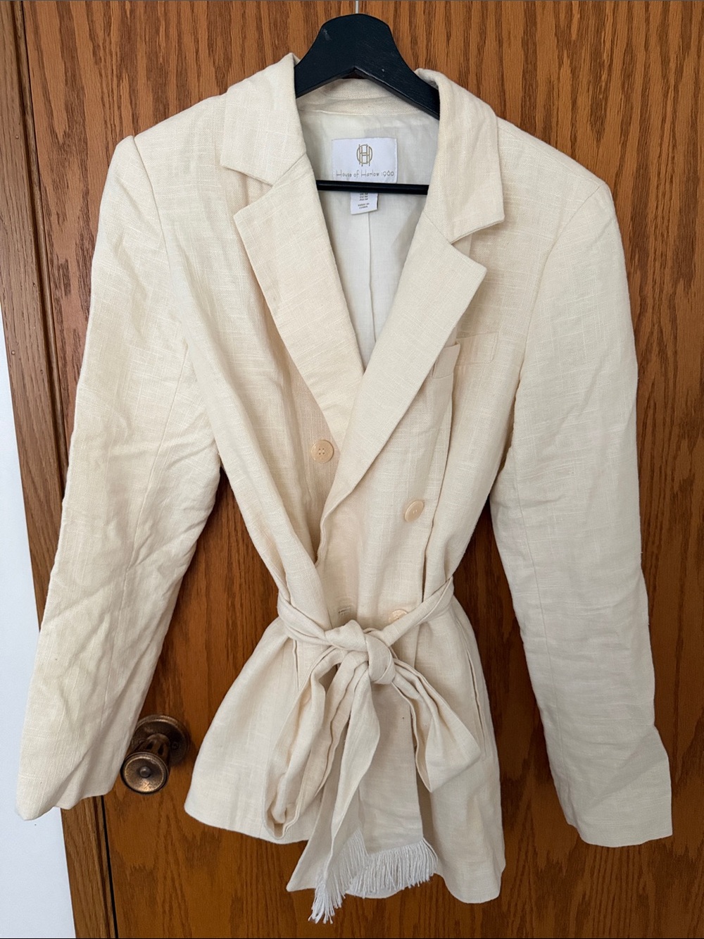 House of Harlow 1960 Cream Double-Breasted Linen-Blend Belted Blazer